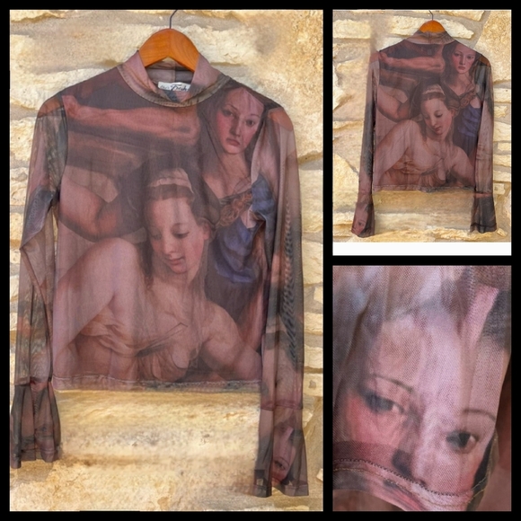 She's So Fresh Painting 90s Y2K Style Mesh Artistic Print Sheer Top - Picture 1 of 2